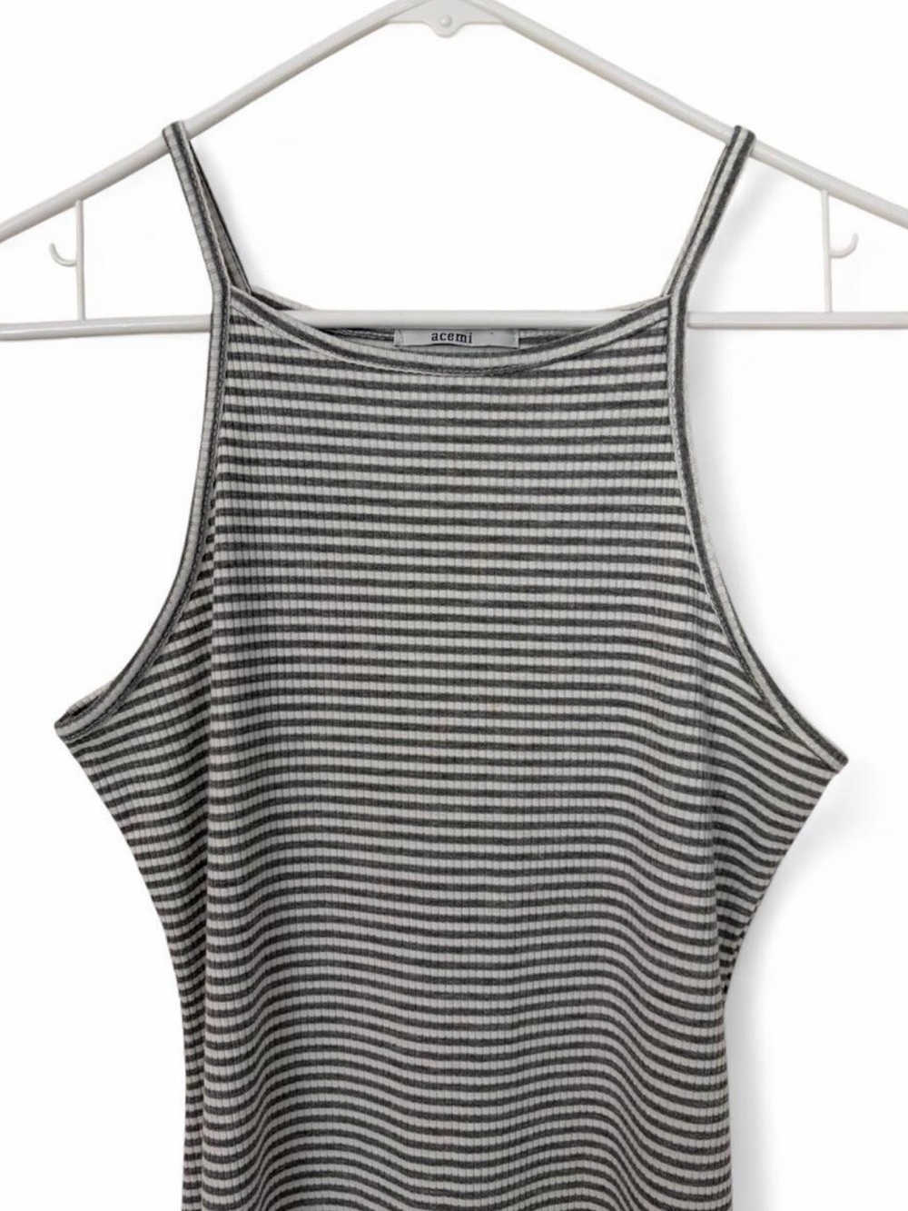 Acemi women’s Sz. M white + grey striped fitted midi dress.